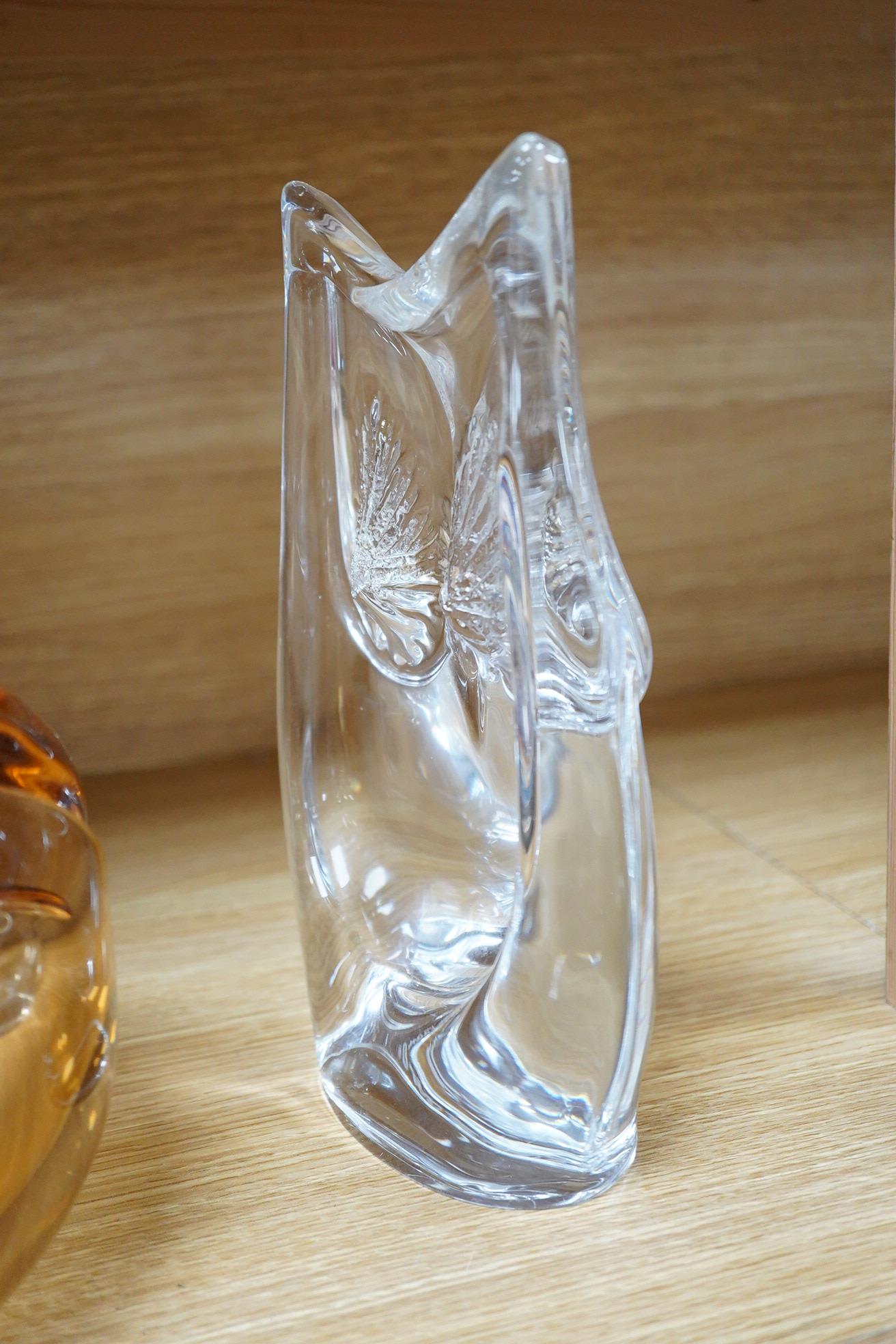 A Daum Nancy orange glass vase and a statue of an owl, largest 24cm high